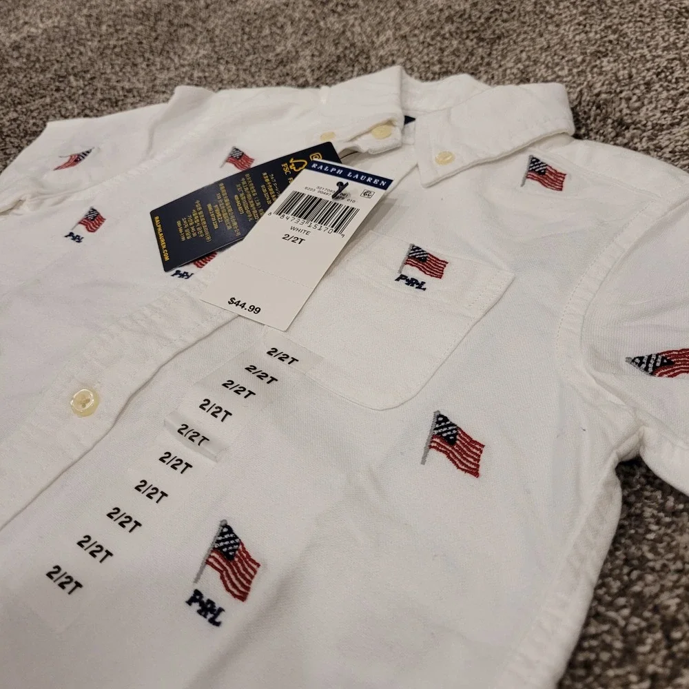 Ralph Lauren Toddler Boys White American Flag Embroidered Oxford Shirt 2T NEW